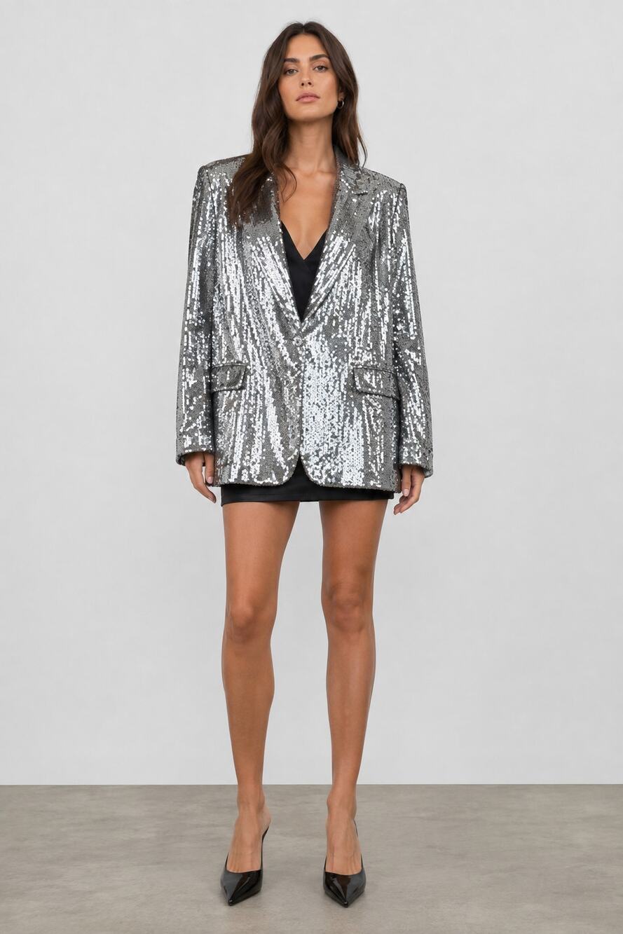 ZARA Oversized Sequin Blazer Jacket Silver Padded Shoulder Women Size XS Sparkle
